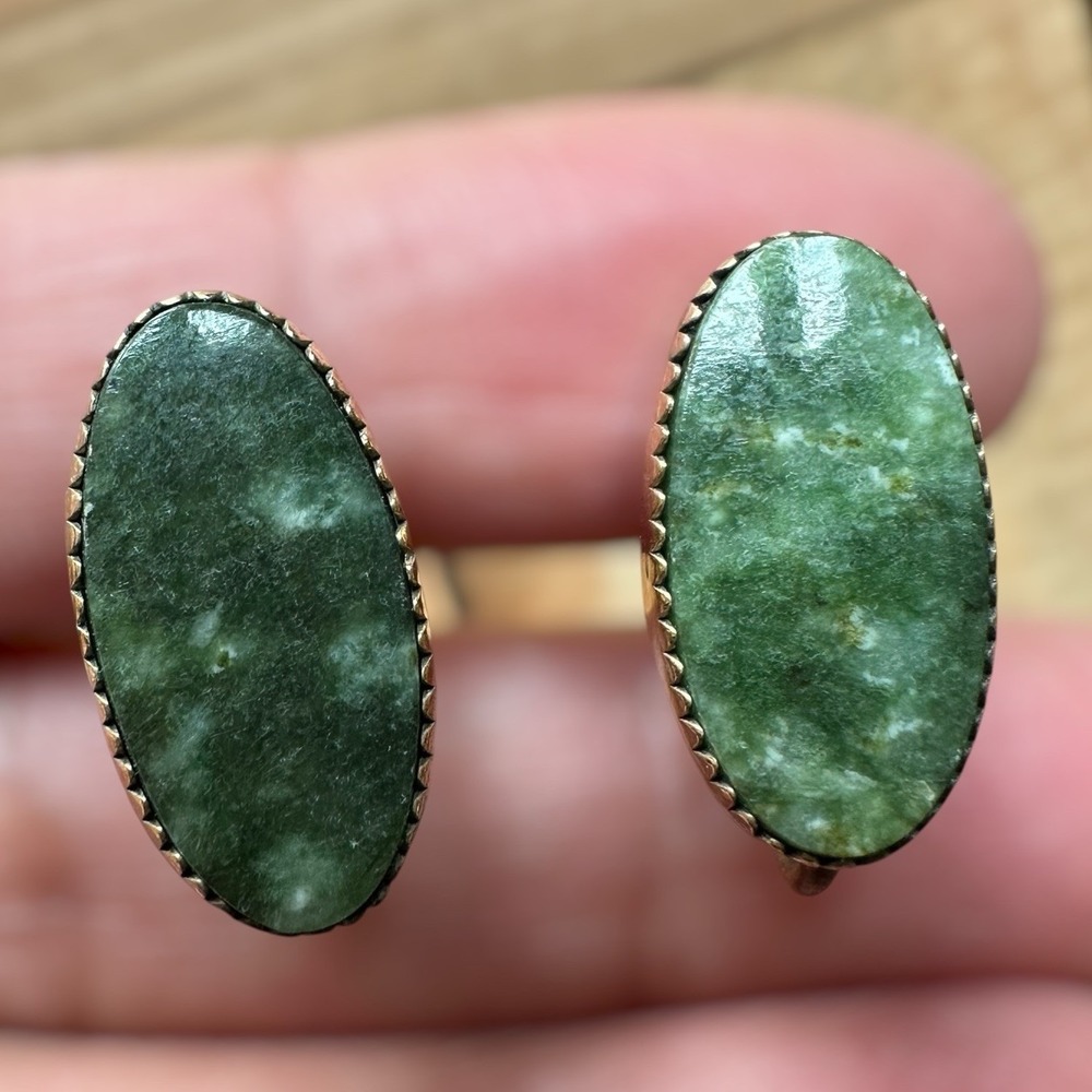 VTG Rolyn Inc Earrings Screw Back 0.75 Inch Nephrite Jade 1/20 12K GF Filigree